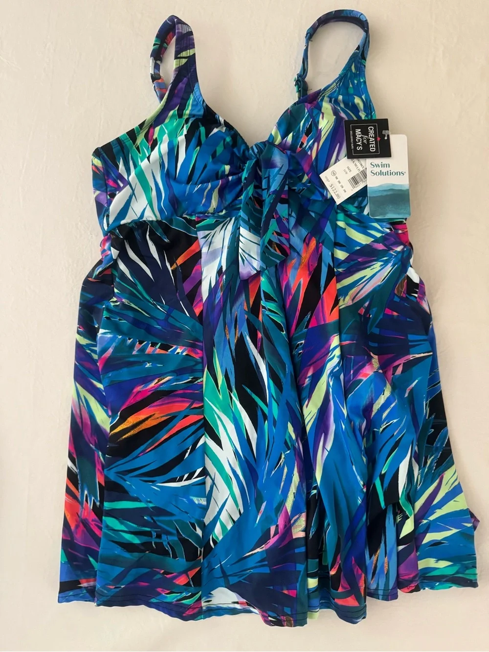 Swim Solutions Bow Front Multicolor Blue Tropical One-Piece Swimdress - Picture 4 of 6
